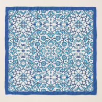 Blue Floral Mosaic Silk Scarf | Elegant Mediterran
