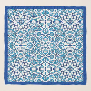 Blue Floral Mosaic Silk Scarf   Elegant Mediterran