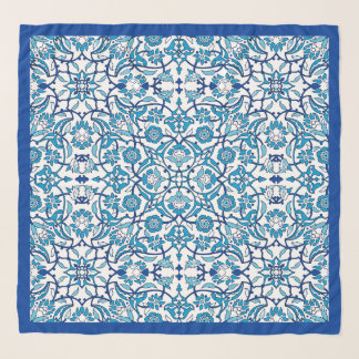 Blue Floral Mosaic Silk Scarf | Elegant Mediterran