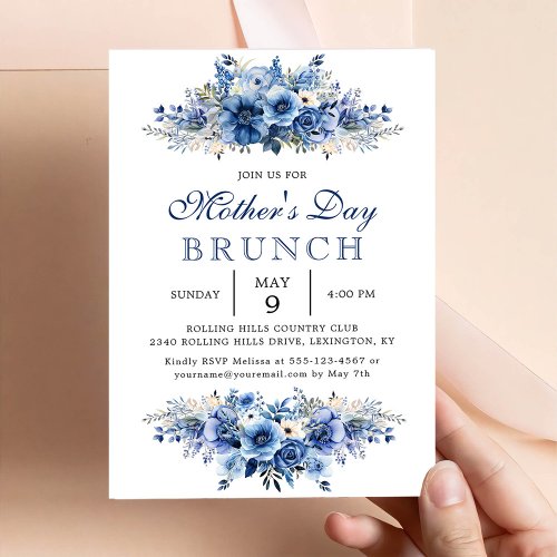 Blue Floral Mothers Day Brunch Party Invitation