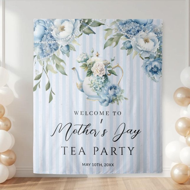 Blue Floral Mother's Day Tea Party Backdrop (Elegant Blue Floral Mother's Day Tea Party backdrop)
