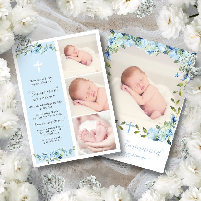 Blue Floral Multiphoto Baptism for Boys Invitation (Blue floral baptism invitation for baby boys with a simple Christian cross and a modern script font.)