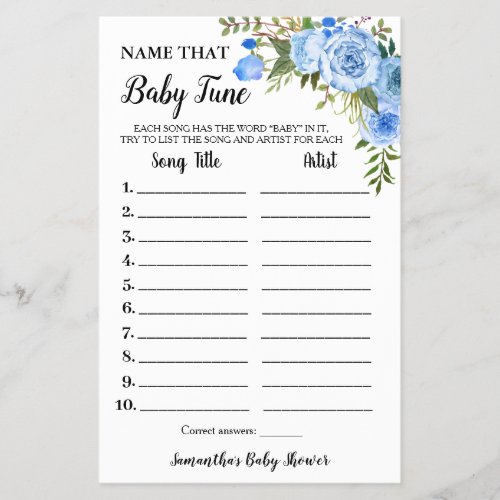 Blue Floral Name Baby Tune Baby Shower Game card Flyer