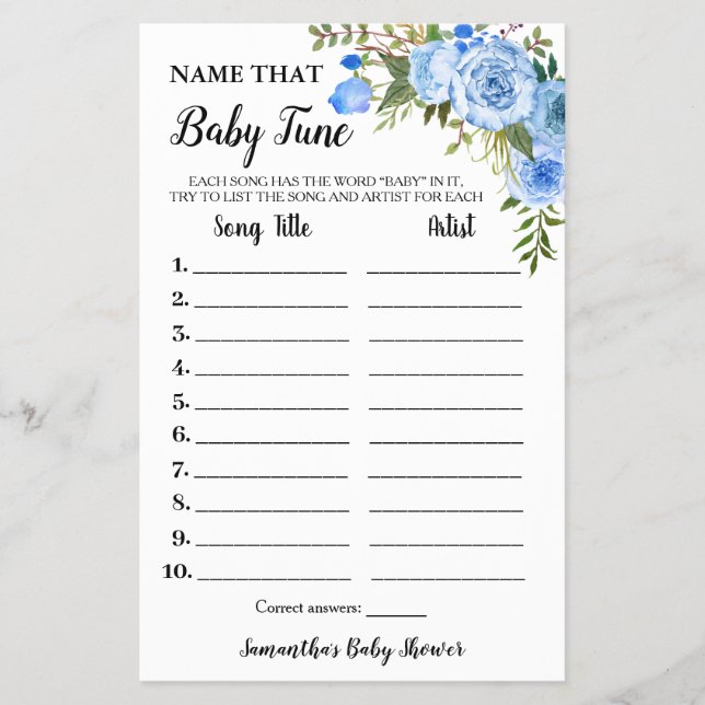 Blue Floral Name Baby Tune Baby Shower Game card Flyer (Front)