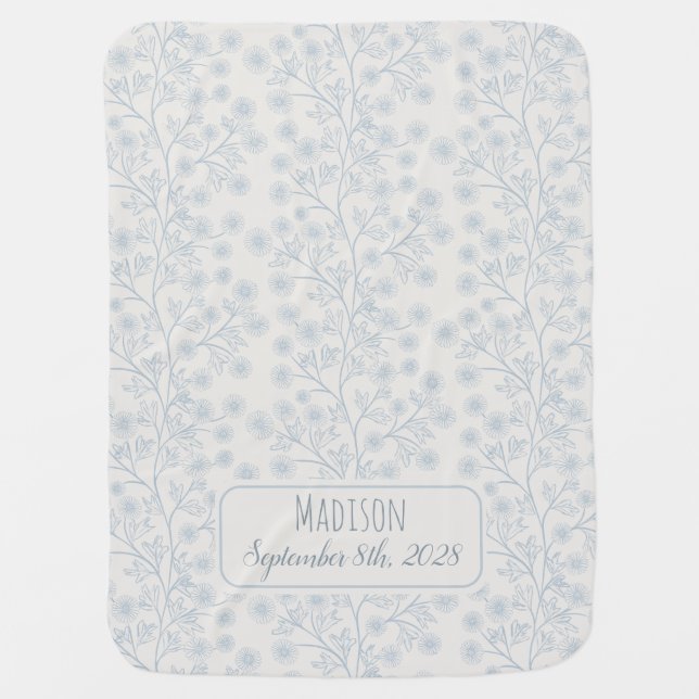 Blue Floral Name Birth Date Baby Blanket (Front)
