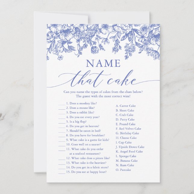 Blue Floral Name That Cake Bridal Shower Game Invitation (Front)