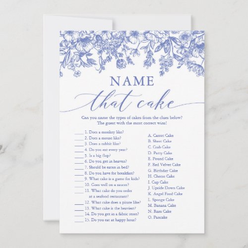 Blue Floral Name That Cake Bridal Shower Game Invitation