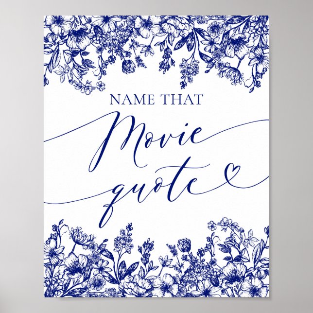 Blue Floral Name That Movie Quote Shower Game Sign (Front)