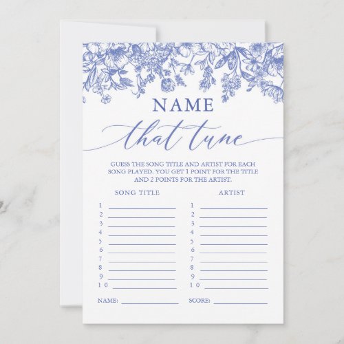 Blue Floral Name That Tune Bridal Shower Game Invitation