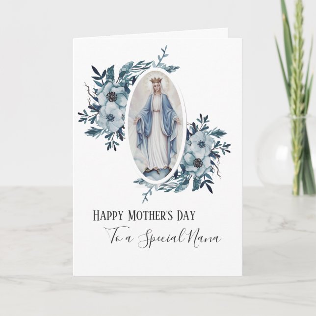 Blue Floral | Nana Grandma | Religious Mother Mary Card (Front)