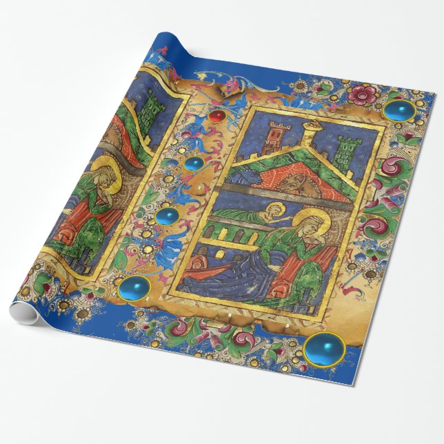 BLUE FLORAL NATIVITY CHRISTMAS PARCHMENT AND GEMS WRAPPING PAPER (Unrolled)