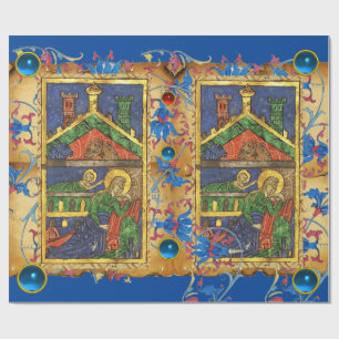 BLUE FLORAL NATIVITY CHRISTMAS PARCHMENT AND GEMS WRAPPING PAPER