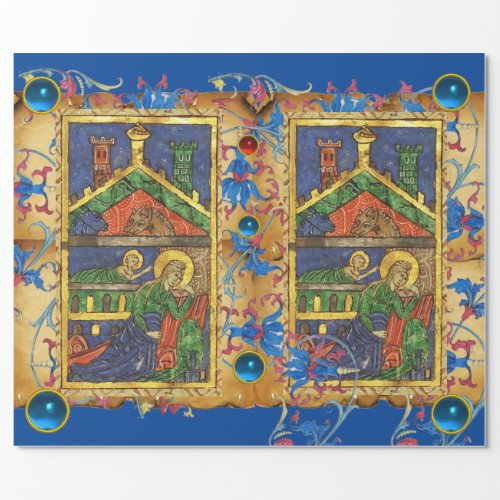BLUE FLORAL NATIVITY CHRISTMAS PARCHMENT AND GEMS WRAPPING PAPER