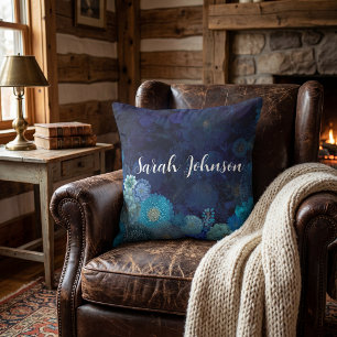 Blue floral nature botanical decorative watercolor throw pillow