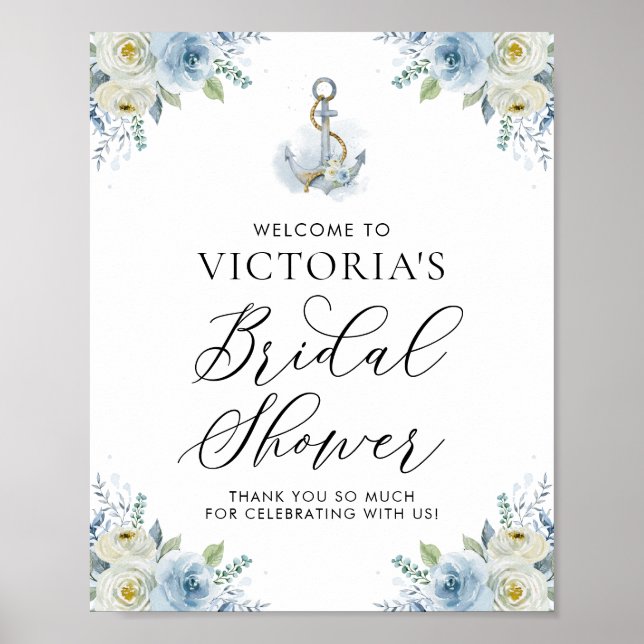 Blue Floral Nautical Bridal Shower Welcome Poster (Front)
