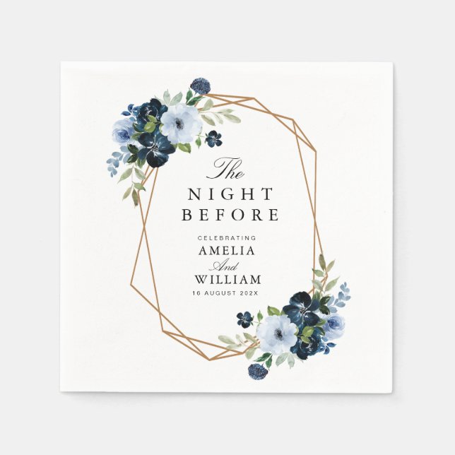 blue floral night before wedding rehearsal napkins (Front)