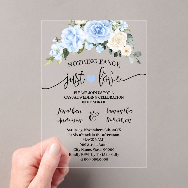 Blue Floral Nothing Fancy Just Love Elopement Acrylic Invitations (Insitu (Handheld))