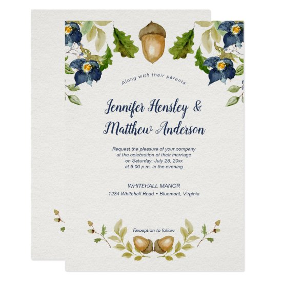 Blue Floral Oak Leaves Acorns Wedding | Invitation