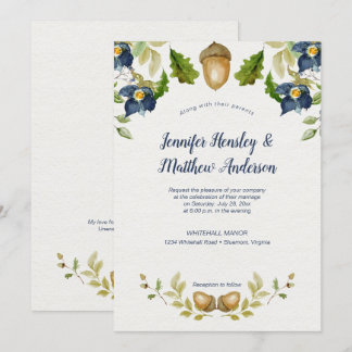 Blue Floral Oak Leaves Acorns Wedding | Invitation
