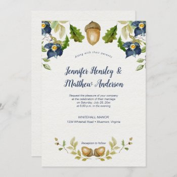 Blue Floral Oak Leaves Acorns Wedding | Invitation by dmboyce at Zazzle