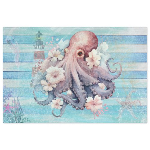 Blue Floral Octopus Decoupage Paper Nautical  Tissue Paper