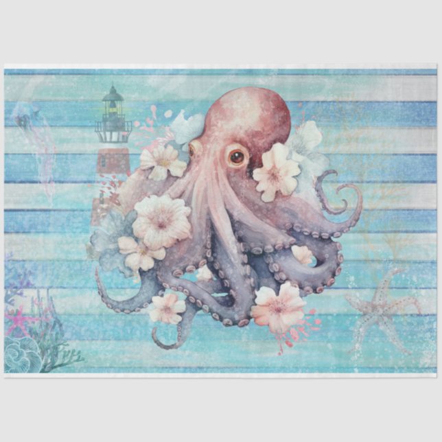 Blue Floral Octopus Decoupage Paper: Nautical  Tissue Paper (Front)