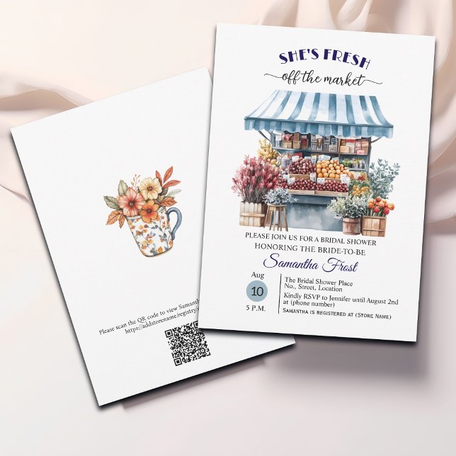 Blue Floral Off the Market QR Code Bridal Shower  Invitation (Creator Uploaded)