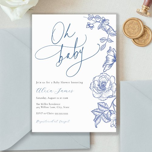 Blue Floral Oh Baby Shower Invitation