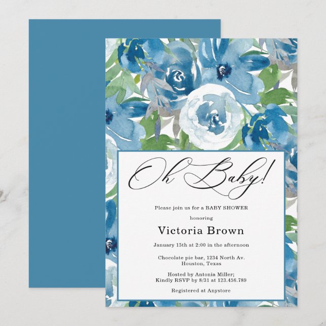 Blue Floral Oh Baby Shower Invitation (Front/Back)