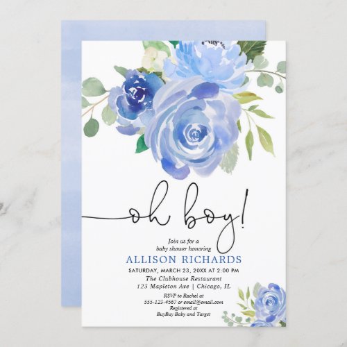 Blue floral Oh boy baby shower Invitation