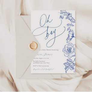 Blue Floral Oh Boy Baby Shower Invitation