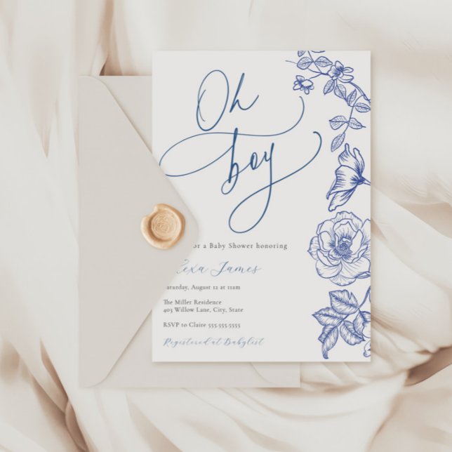 Blue Floral Oh Boy Baby Shower Invitation (Creator Uploaded)