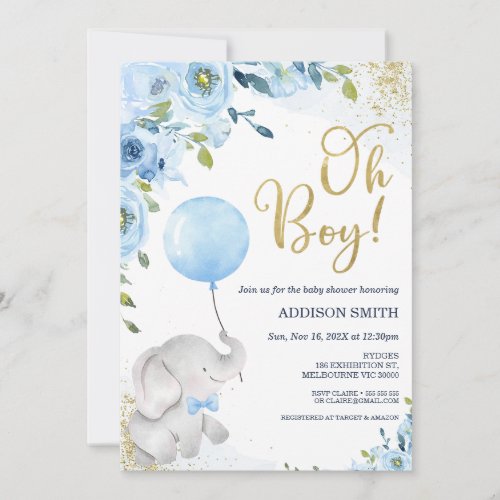 Blue Floral Oh Boy Elephant Baby Shower Invitation