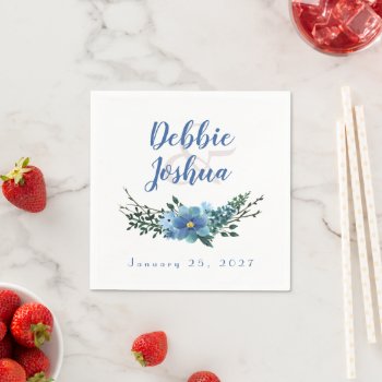Blue Floral On White Wedding Napkins by My_Wedding_Bliss at Zazzle