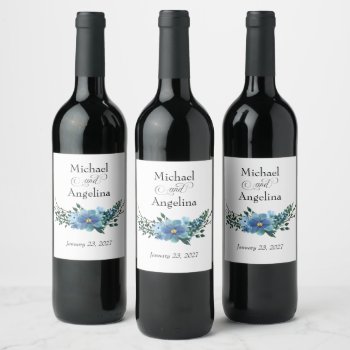 Blue Floral On White Wedding Wine Label by My_Wedding_Bliss at Zazzle