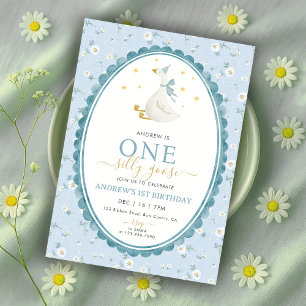 Blue Floral One Silly Goose Boy 1st Birthday Invitation