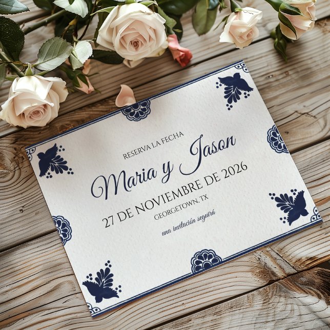 Blue Floral Otomi Simple Fiesta Spanish Wedding Save The Date (Blue Floral Otomi Simple Fiesta Spanish Wedding Save The Date)