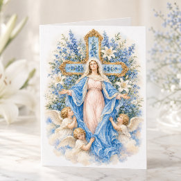 Blue Floral Our Lady Queen of Heaven with Cherubs Card