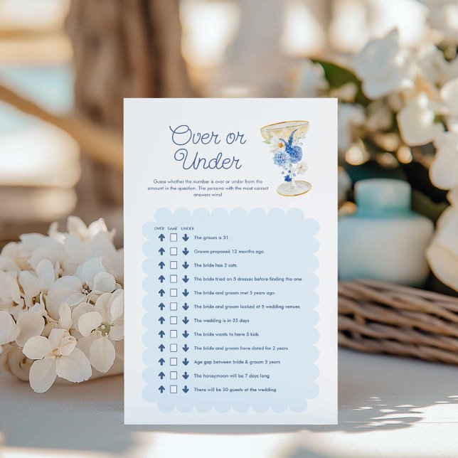 Blue Floral Over or Under Bridal Game (Blue Floral Bridal Shower Game)