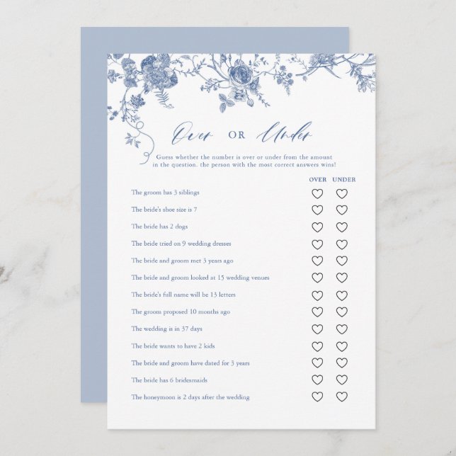 Blue Floral Over or Under Bridal Shower Game Cards (Front/Back)
