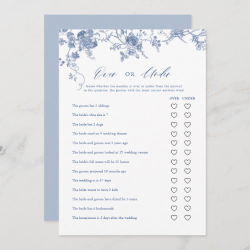Blue Floral Over or Under Bridal Shower Game Cards