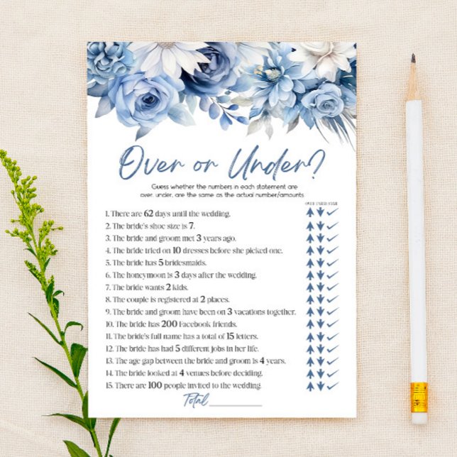 Blue Floral Over or Under Bridal Shower Game  Stationery (Creator Uploaded)
