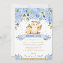 Blue Floral Owl Baby Shower Boy Thank You Card