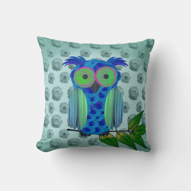 Blue Floral Owl Throw Pillow (Front)
