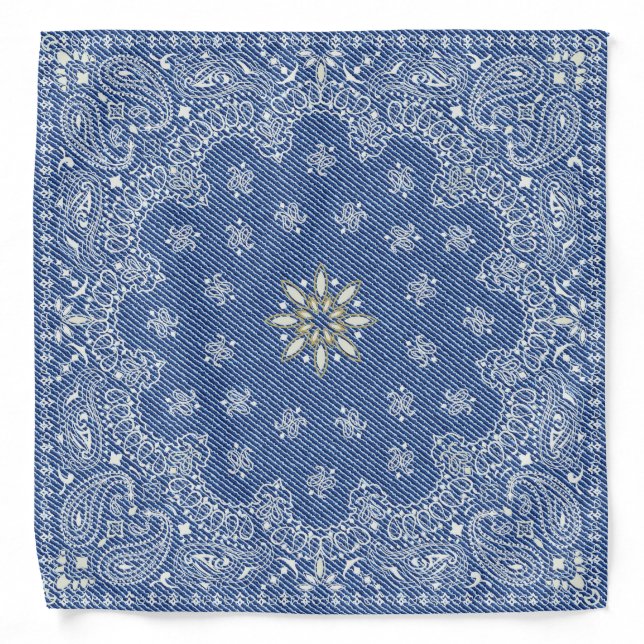 Blue Floral Paisley Denim Pattern Bandana (Front)
