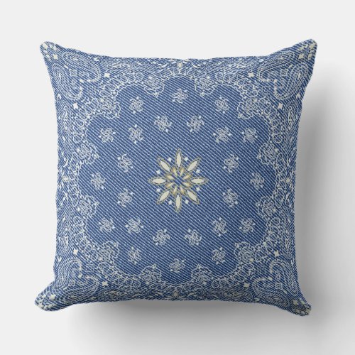 Blue Floral Paisley Stylish Denim Pattern Throw Pillow