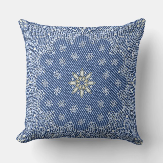 Blue Floral Paisley Stylish Denim Pattern Throw Pillow (Front)