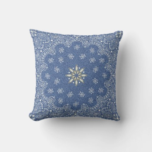 Blue Floral Paisley Stylish Denim  Throw Pillow