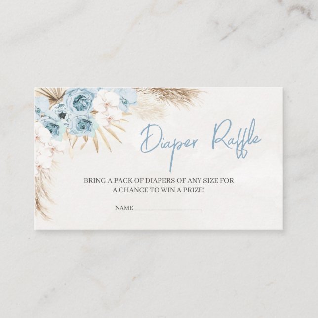 Blue Floral Pampas Grass Baby Shower Diaper Raffle Enclosure Card (Front)