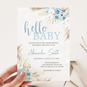 Blue Floral Pampas Grass Baby Shower Invitation